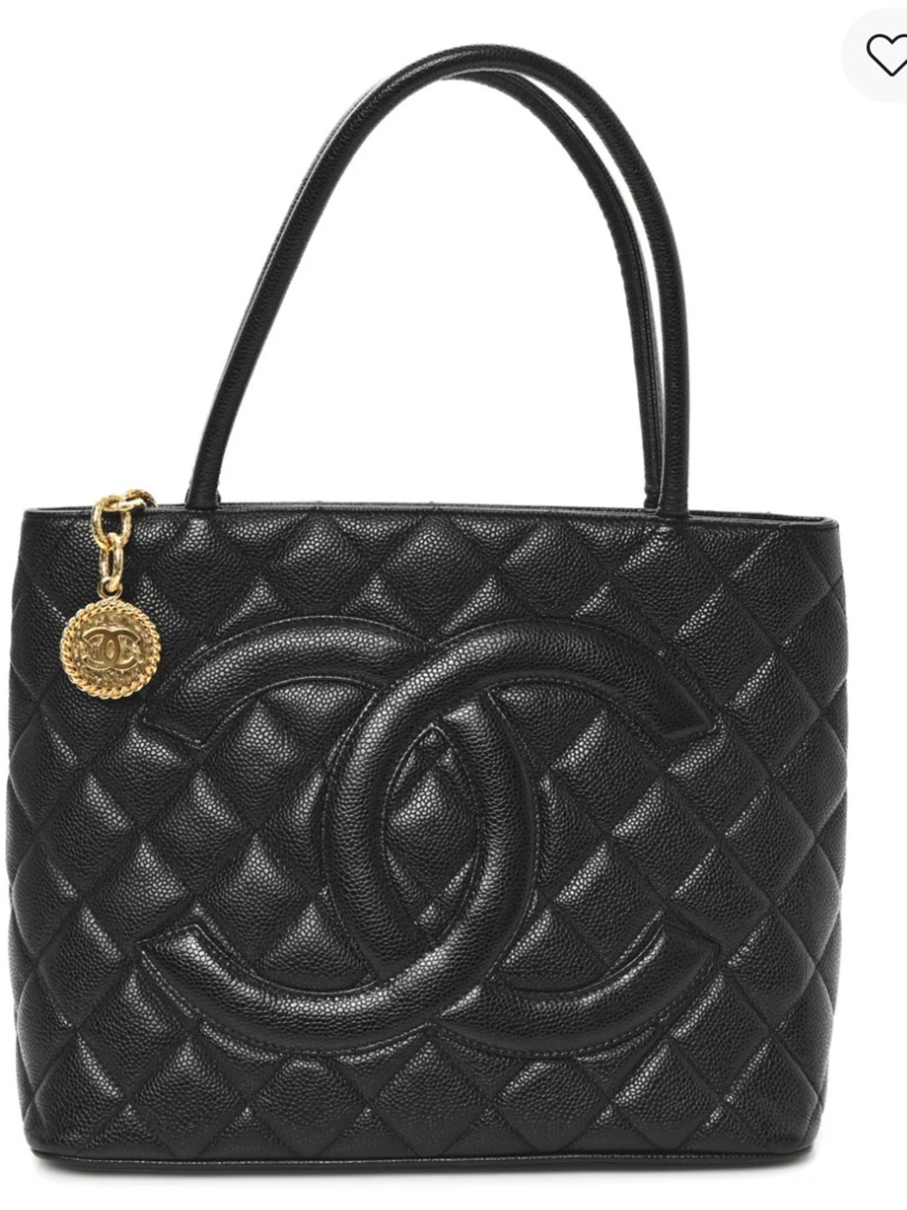 CHANEL  Vintage Black Quilted Caviar Leather Tote with Gold Medallion Charm